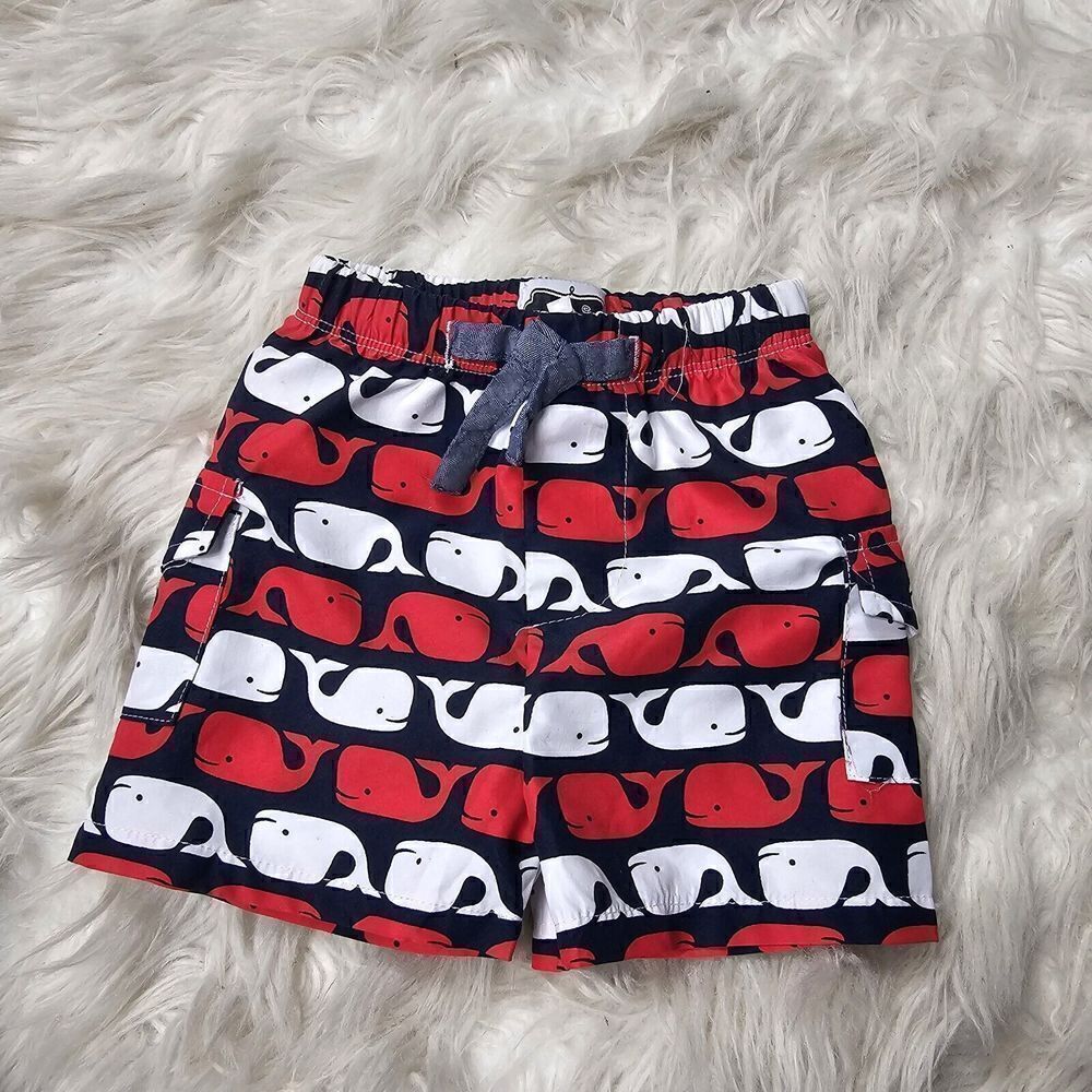 Mud Pie Red White Blue Whale Print Swim Trunk Baby Boy Size 0-6 Months Lined